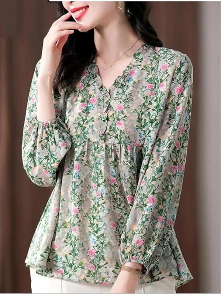 Women's Floral Print Shirt Long Sleeve V Neck Office Casual